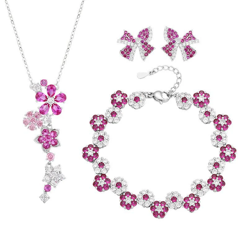 Red corundum zircon flower earrings bracelet necklace set
