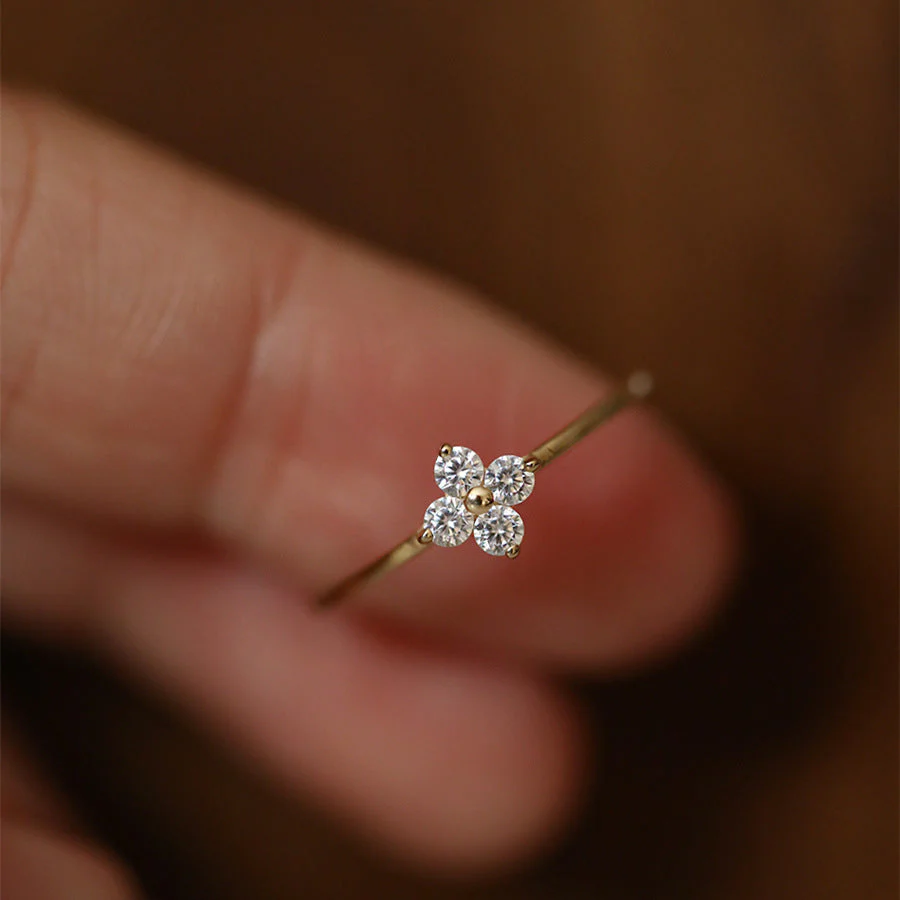 S925 silver, 18K gold, four-leaf clover with zircon, delicate ring.