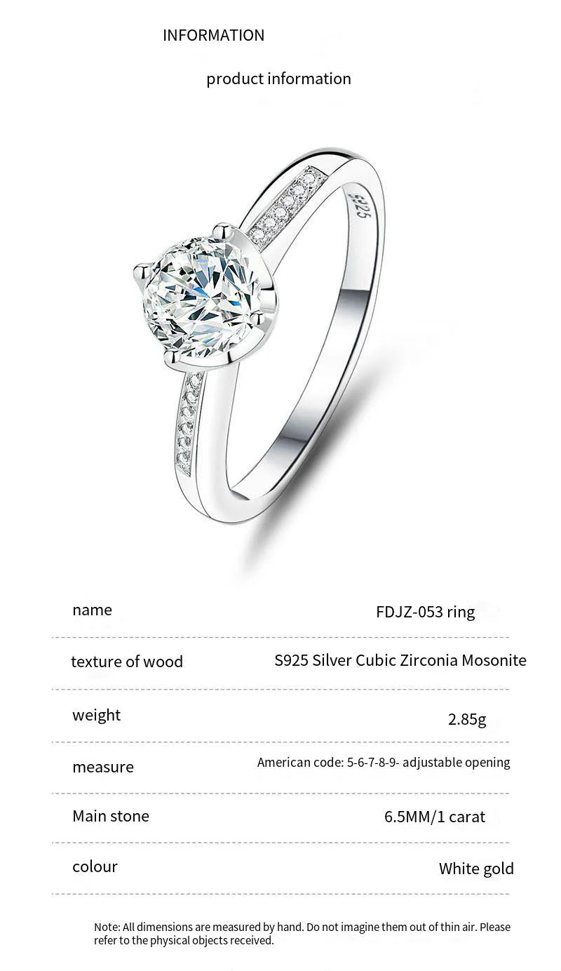 S925 sterling silver one carat moissanite ring