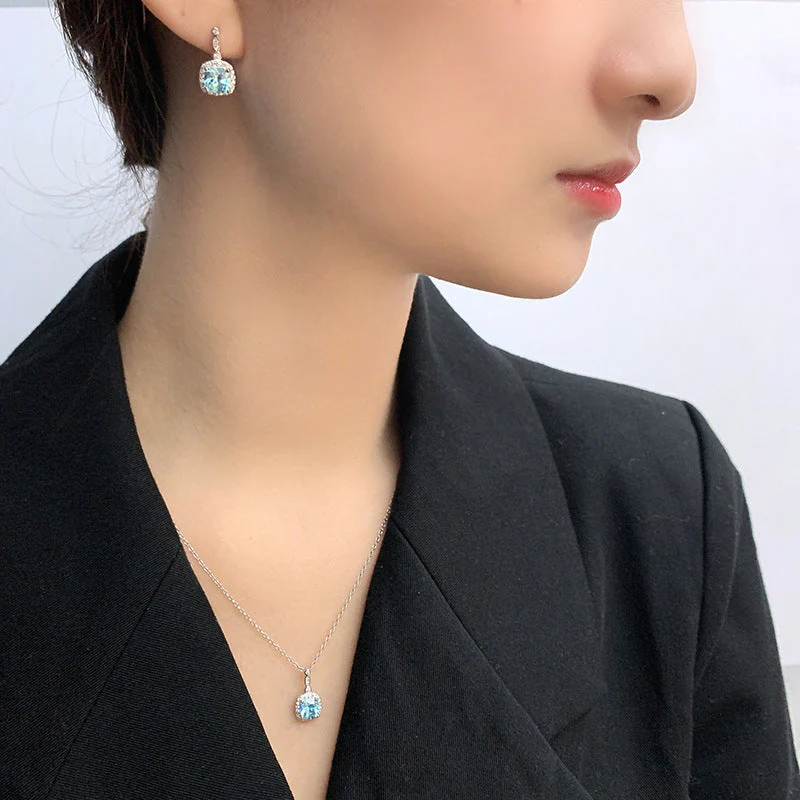 S925 Sterling Silver Ocean heart blue gem ring necklace Earrings