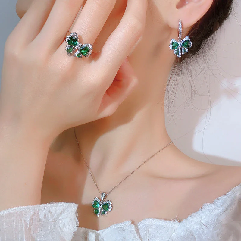 Emerald Butterfly Set S925 Silver Needle Earrings Necklace Ring