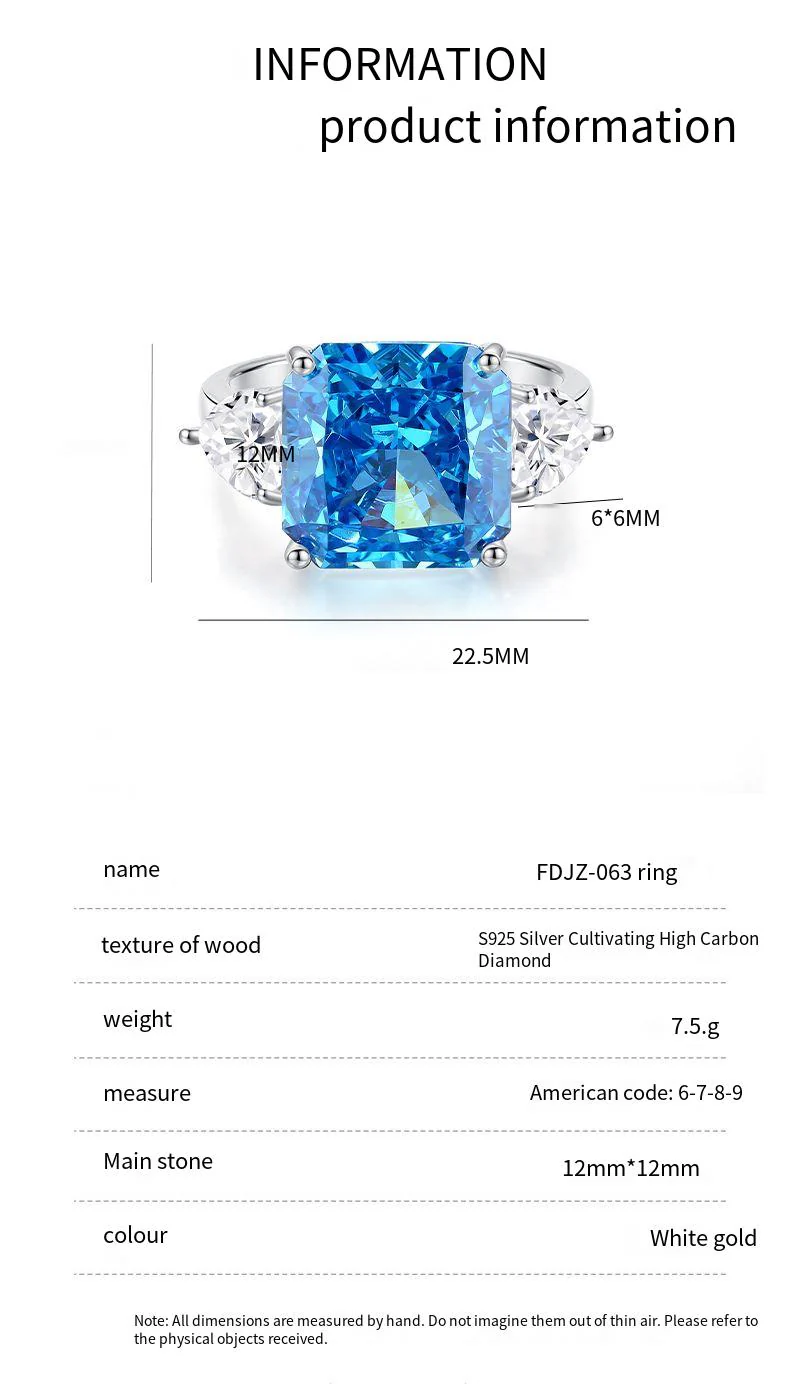 S925 Silver High Carbon Diamond Aquamarine 8A Zircon Reddean gem ring