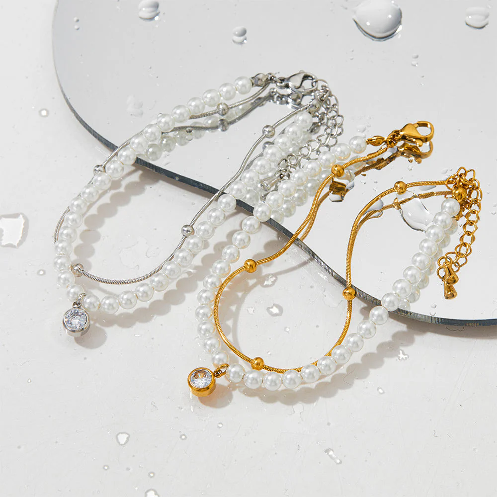 Double shell pearl zircon gold-plated necklace bracelet