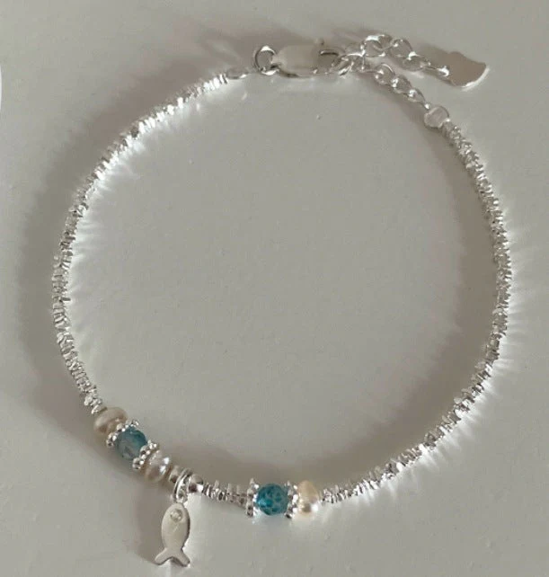 S925 sterling silver blue crystal fish freshwater pearl silver bracelet
