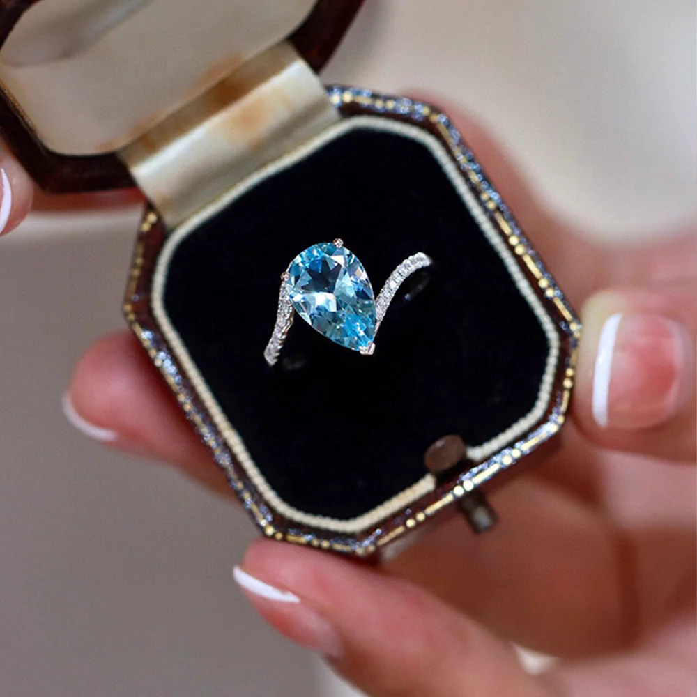 S925 sterling silver sky blue drop necklace ring set