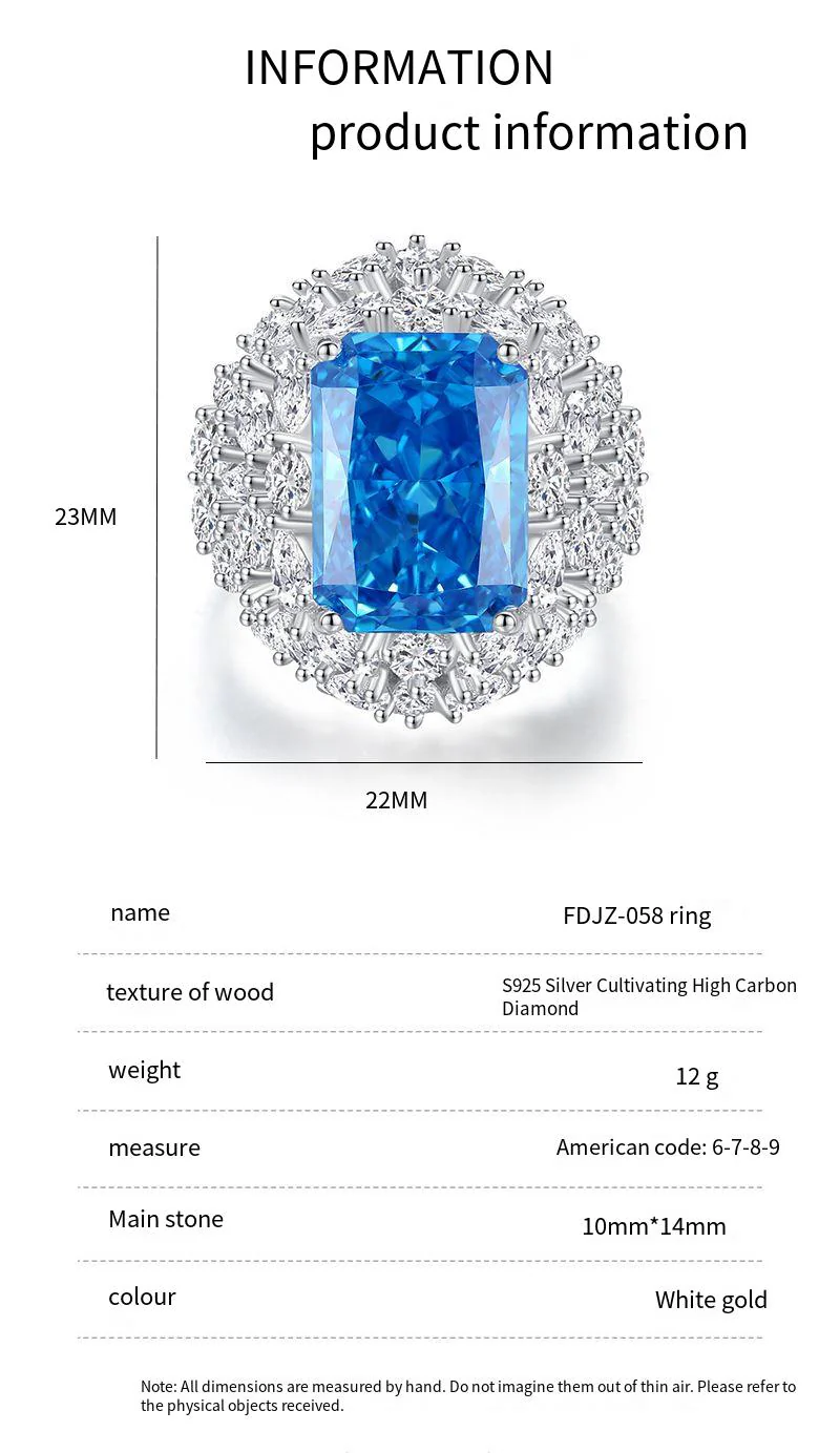 S925 Silver High Carbon Diamond Aquamarine 8A Zircon Reddean gem ring
