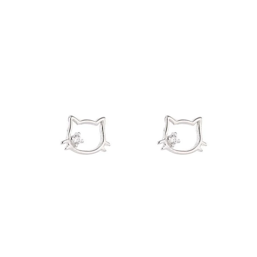 S999 sterling silver hollow cat ear nail earrings