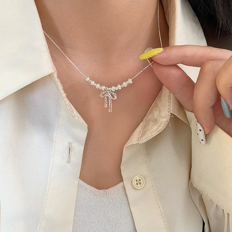 Bow openwork lace thick silver beaded pendant necklace  earrings set