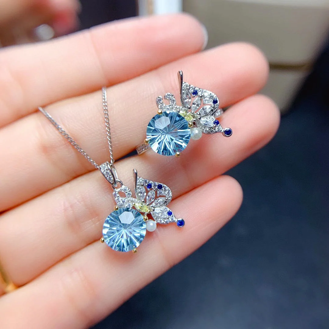 Sky Blue Topaz Fireworks Cut Ring Necklace Butterfly Set