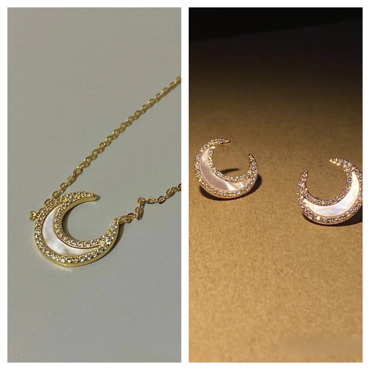 Deep Sea Natural White Mother Shell s925 Sterling Silver Moon Necklace Earring Set