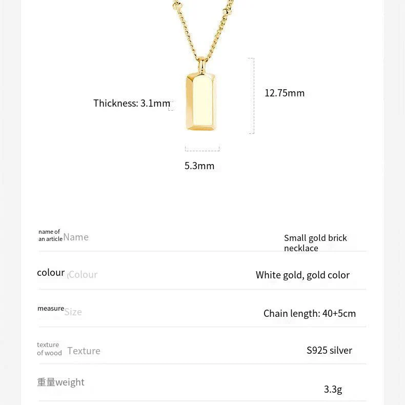 S925 sterling silver gold bullion necklace