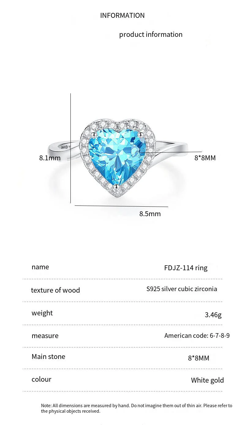 S925 Silver High Carbon Diamond Aquamarine 8A Zircon Reddean gem ring