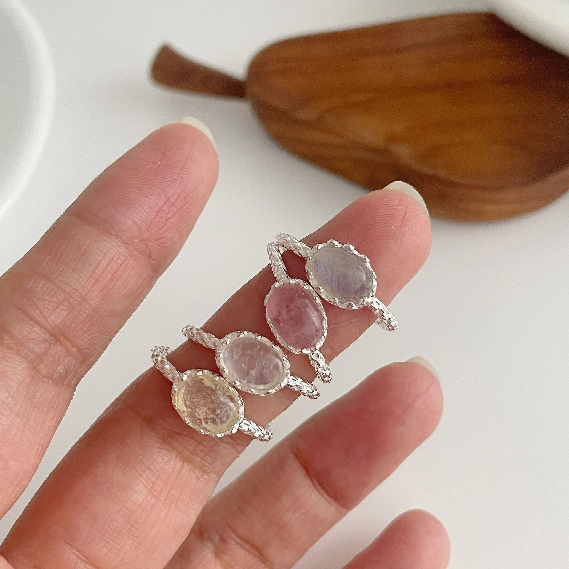 S925 Silver Geometric Oval Crystal Ore Ring