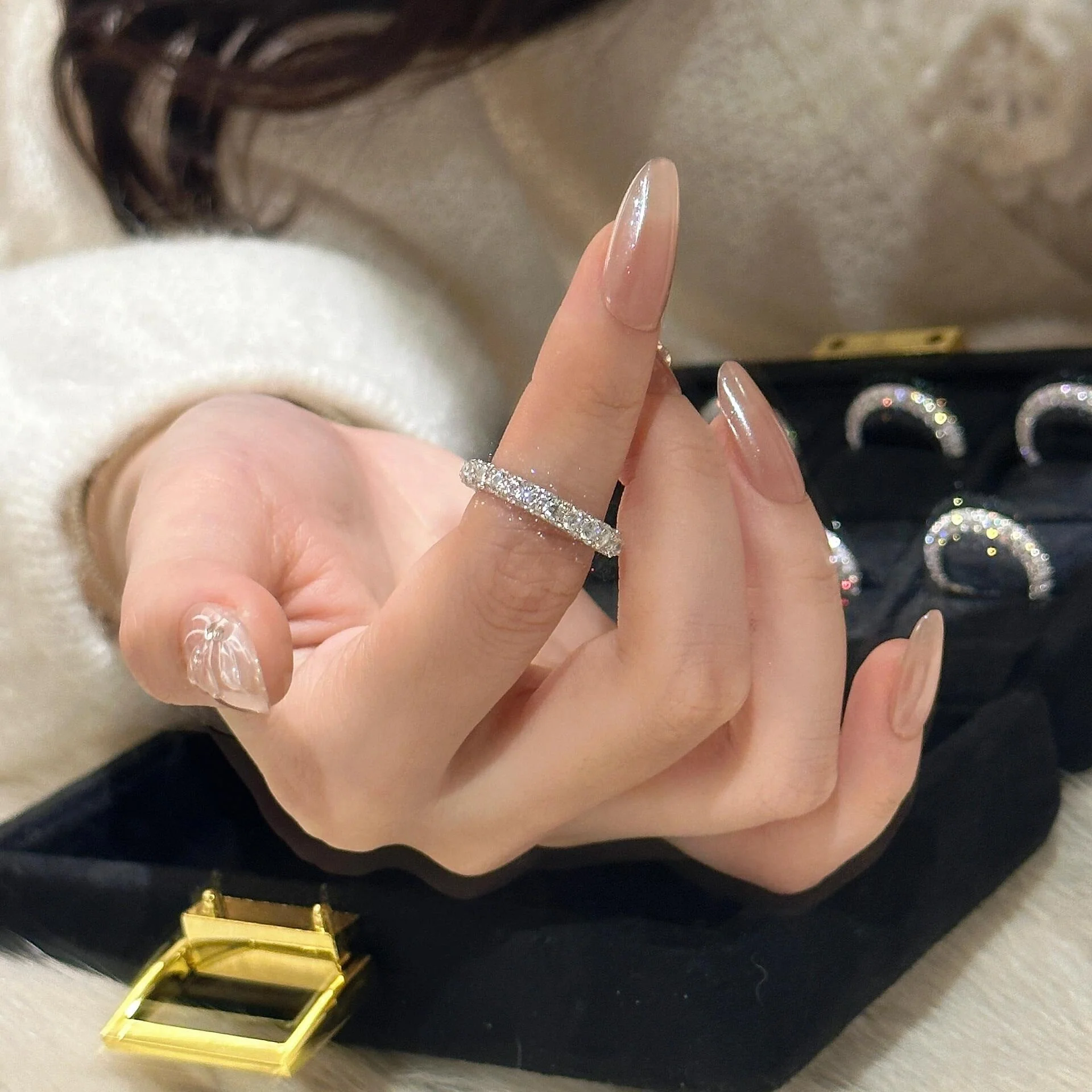 S925 sterling silver doughnut three-sided diamond ring finger