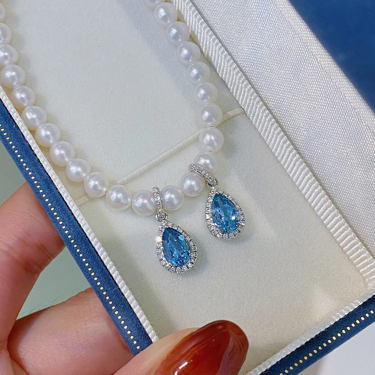 S925 sterling silver sea blue pendant drop necklace