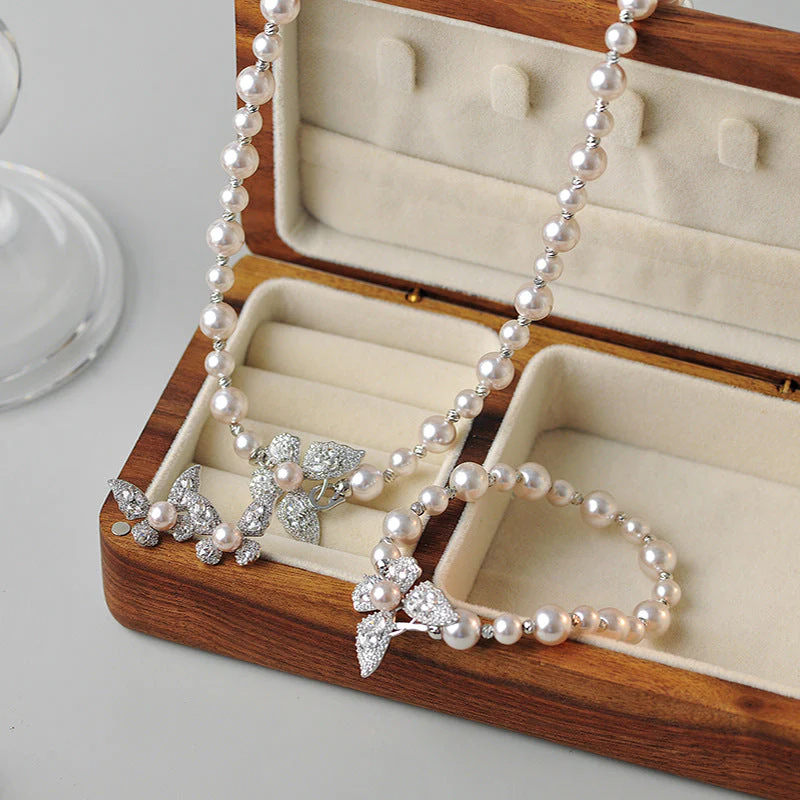 Manta rose pink purple Pearl Butterfly pendant necklace bracelet earrings set