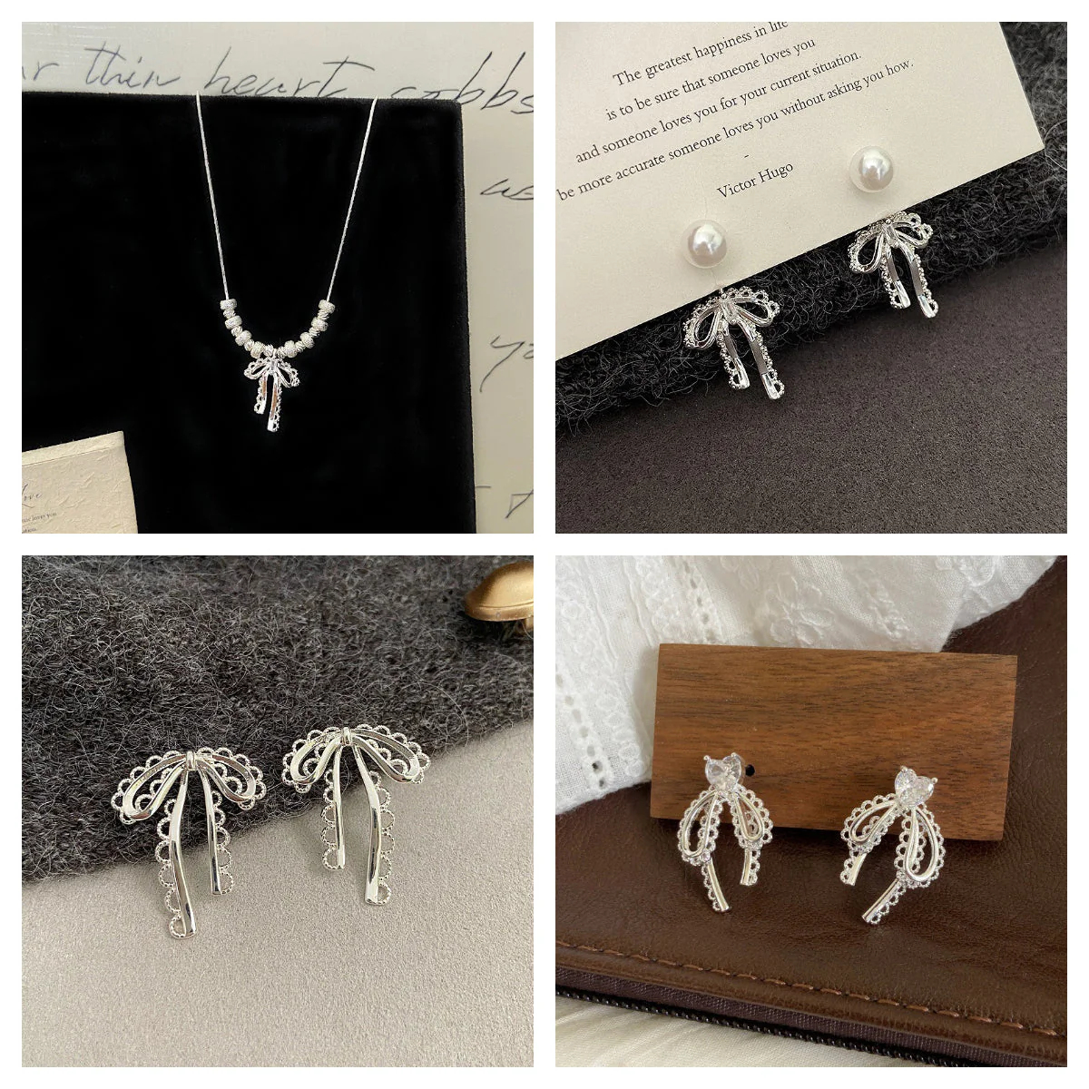 Bow openwork lace thick silver beaded pendant necklace  earrings set