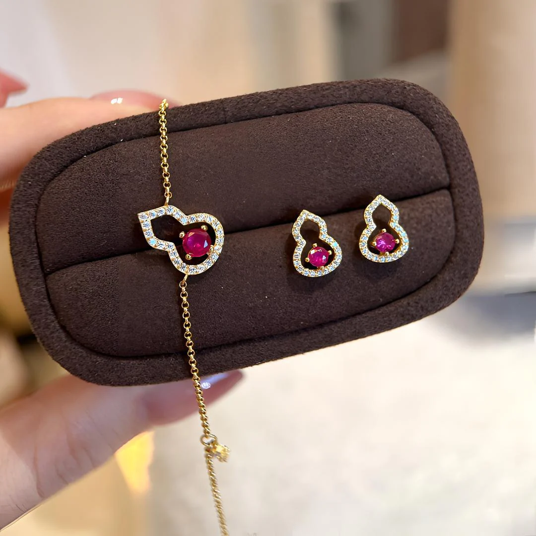 S925 sterling silver 18k gold-plated inlaid zircon gourd necklace bracelet earrings set