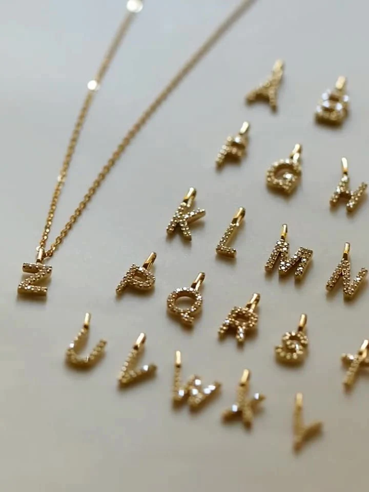 Your name ~S925 sterling silver plated with 14K gold 26 letters necklace pendant cute mini couple DIY