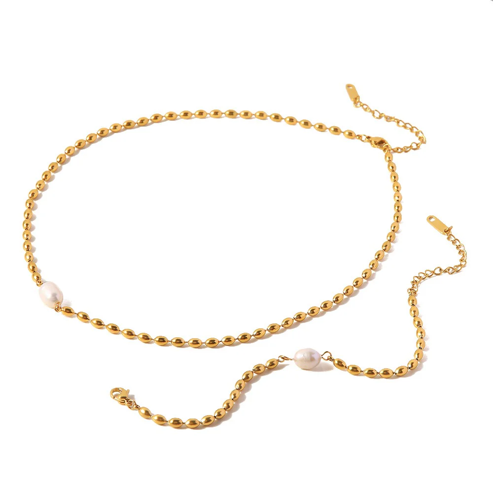 Natural Pearl Gold Stainless Steel Necklace Bracelet