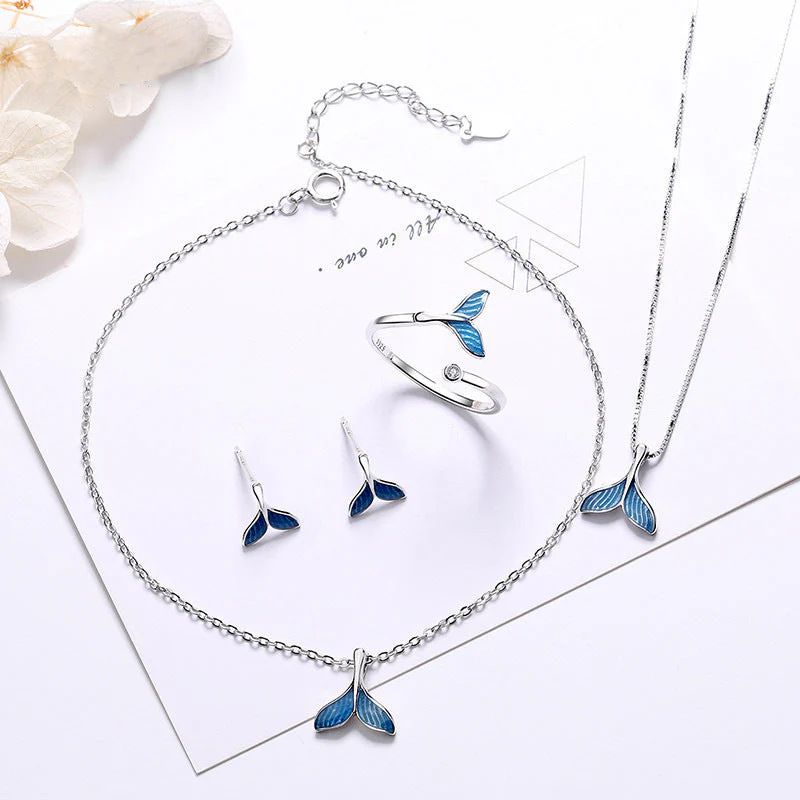 Blue fishtail series necklace ring bracelet earrings set