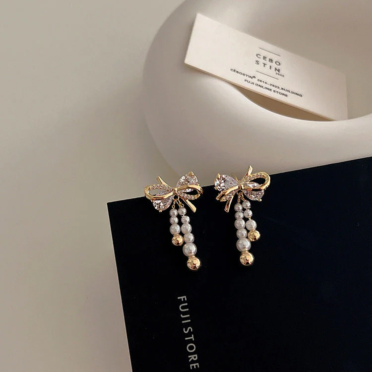Zircon Pearl Bow Tassel Earrings