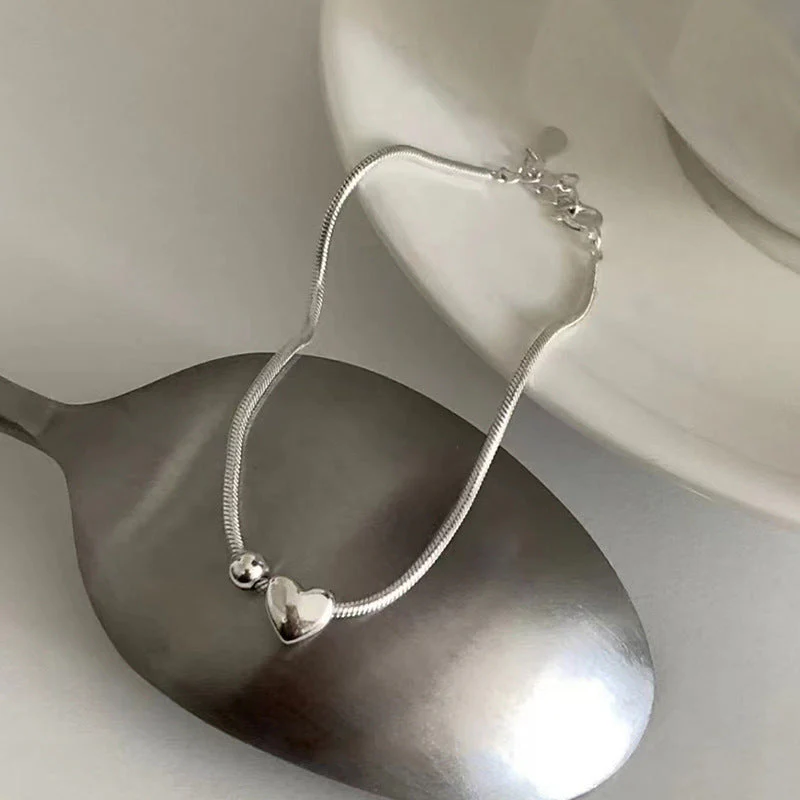 S925 Sterling Silver Heart Ball Snake Bone Bracelet