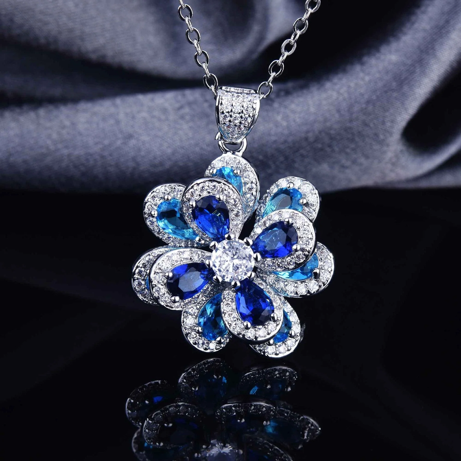 Zircon Flower Silver Needle Earrings Camellia Necklace Bracelet Ring Set
