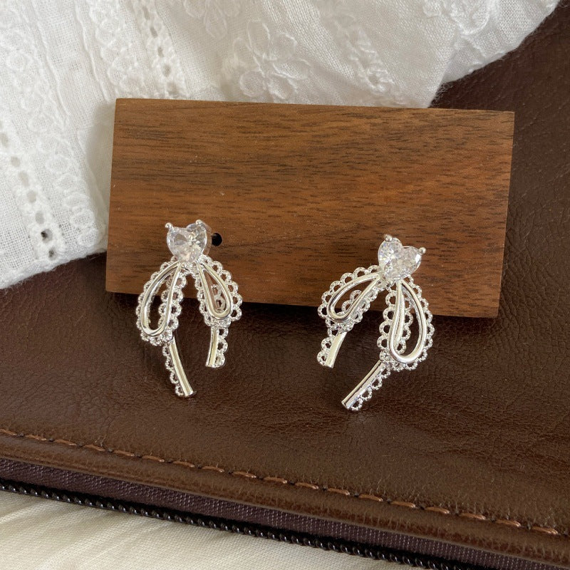 Bow openwork lace thick silver beaded pendant necklace  earrings set