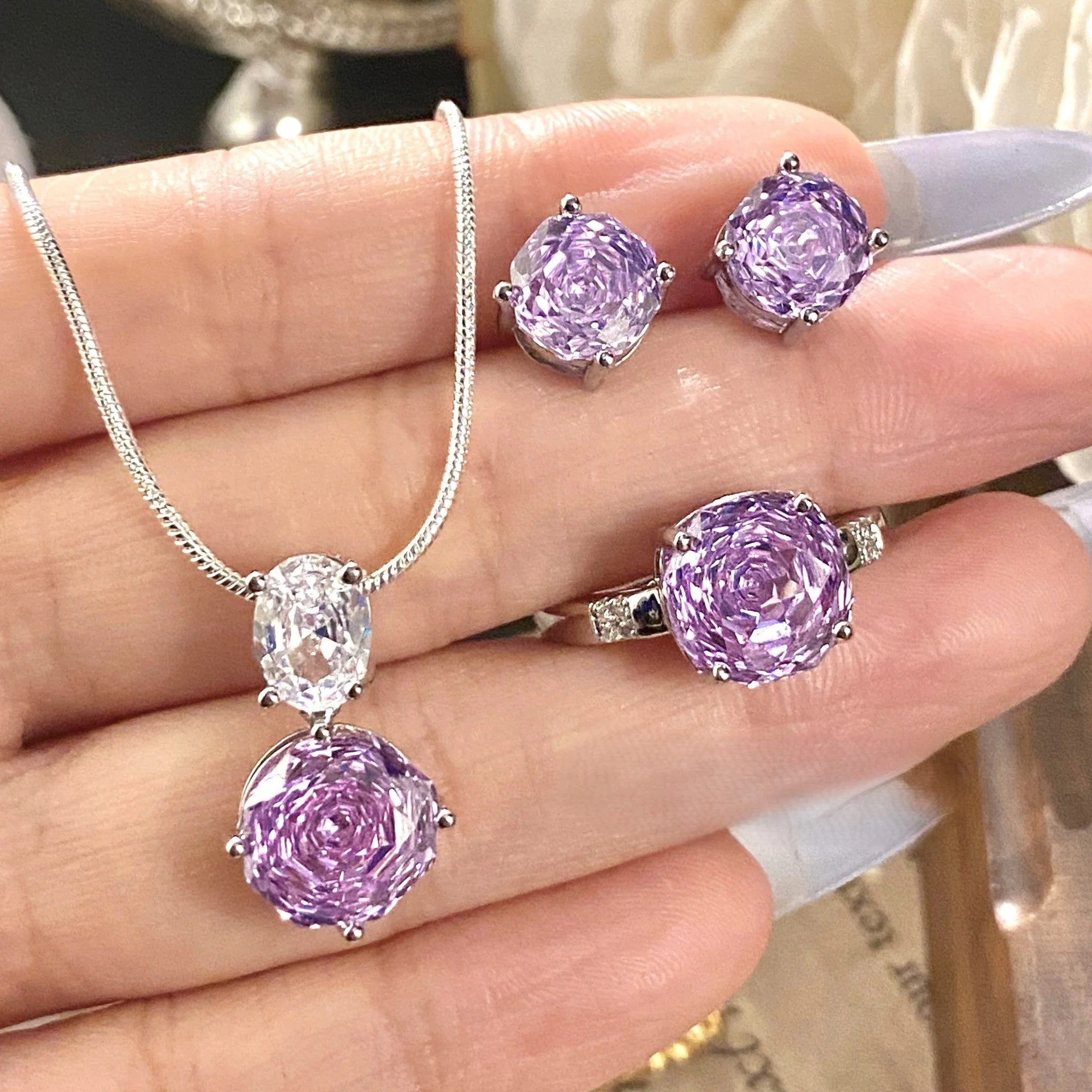 Rose blue high carbon diamond necklace ring earrings set