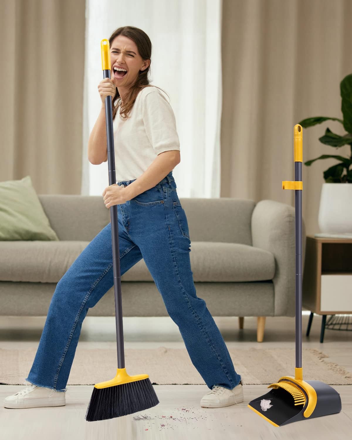 Broom with Dustpan Combo Set, Upgrade Broom and Dustpan Set for Home, 52'' Long Handle Broom and Dustpan Set, Standing Dustpan and Broom for Kitchen Office Lobby Floor