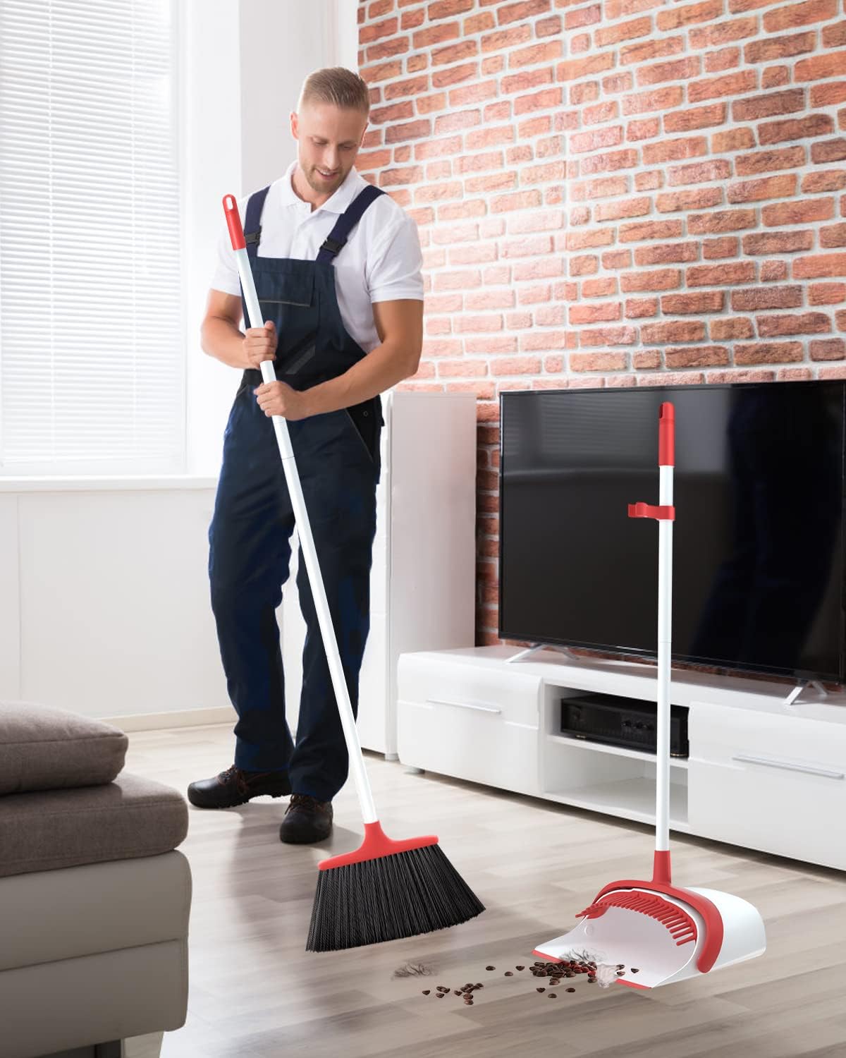 Broom with Dustpan Combo Set, Upgrade Broom and Dustpan Set for Home, 52'' Long Handle Broom and Dustpan Set, Standing Dustpan and Broom for Kitchen Office Lobby Floor