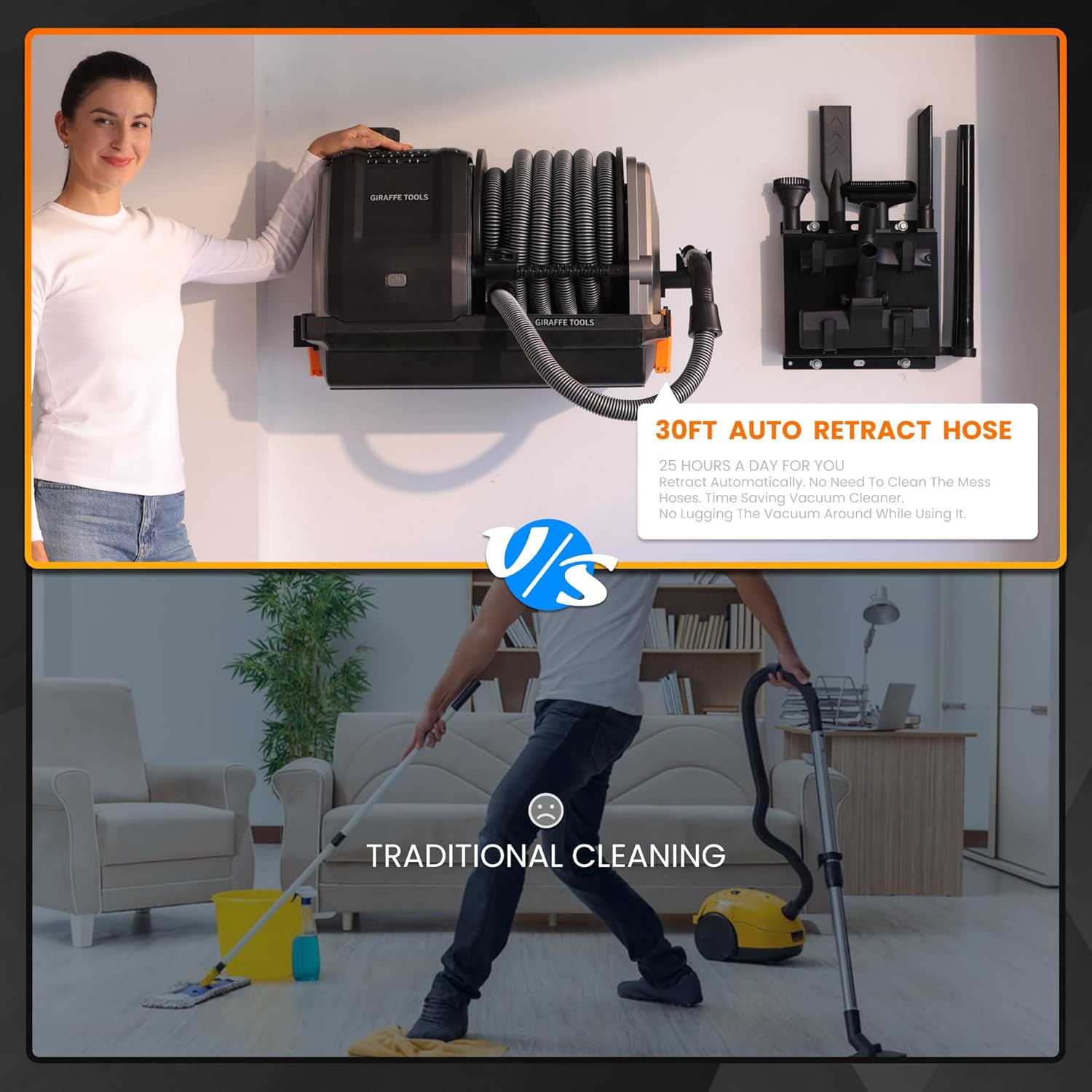 Wall-Mounted Vacuum Cleaner with 30 FT Retractable Hose