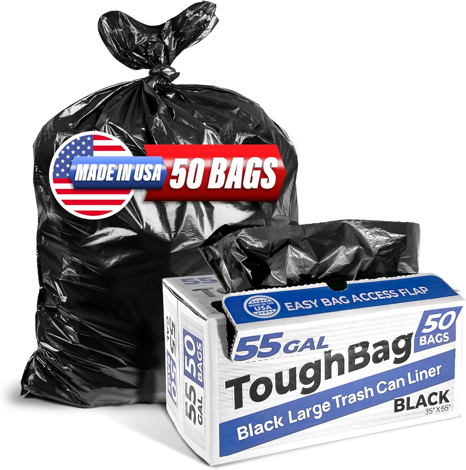 ToughBag 55 Gallon Trash Bags, 55-60 Gallon Trash Bags Heavy Duty (50 COUNT) - Large Black Trash Bags, 50-60 Gallon Garbage Bags for Contractors, Commercial, and Lawn, 35 x 55