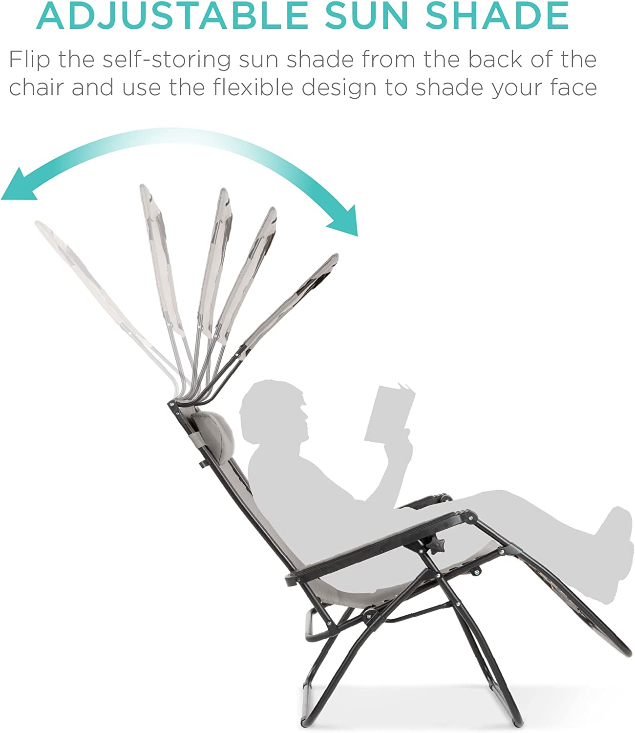 Folding Zero Gravity Outdoor Recliner Patio Lounge Chair w/Adjustable Canopy Shade, Headrest, Side Accessory Tray, Textilene Mesh - Beige