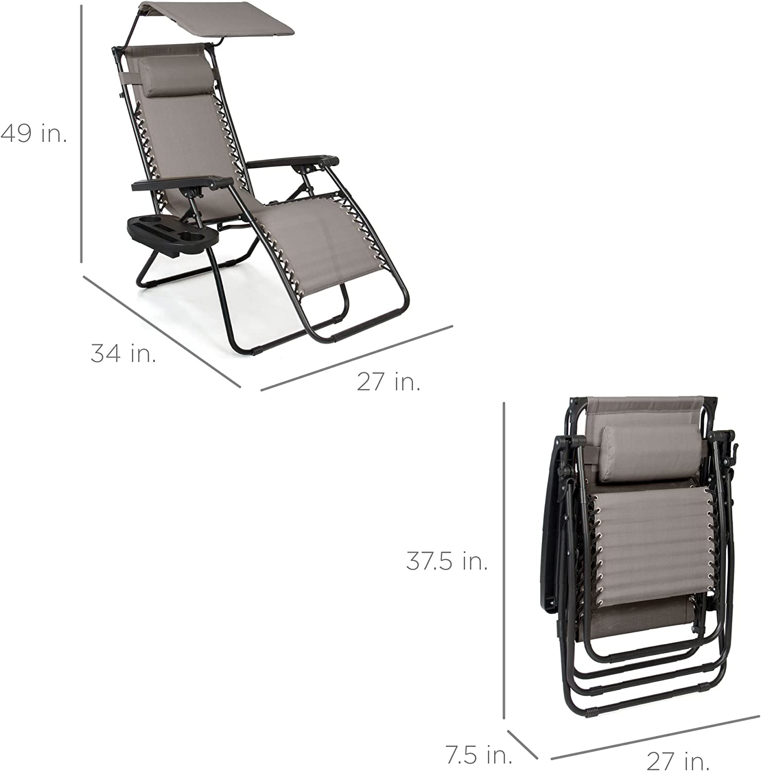Folding Zero Gravity Outdoor Recliner Patio Lounge Chair w/Adjustable Canopy Shade, Headrest, Side Accessory Tray, Textilene Mesh - Beige