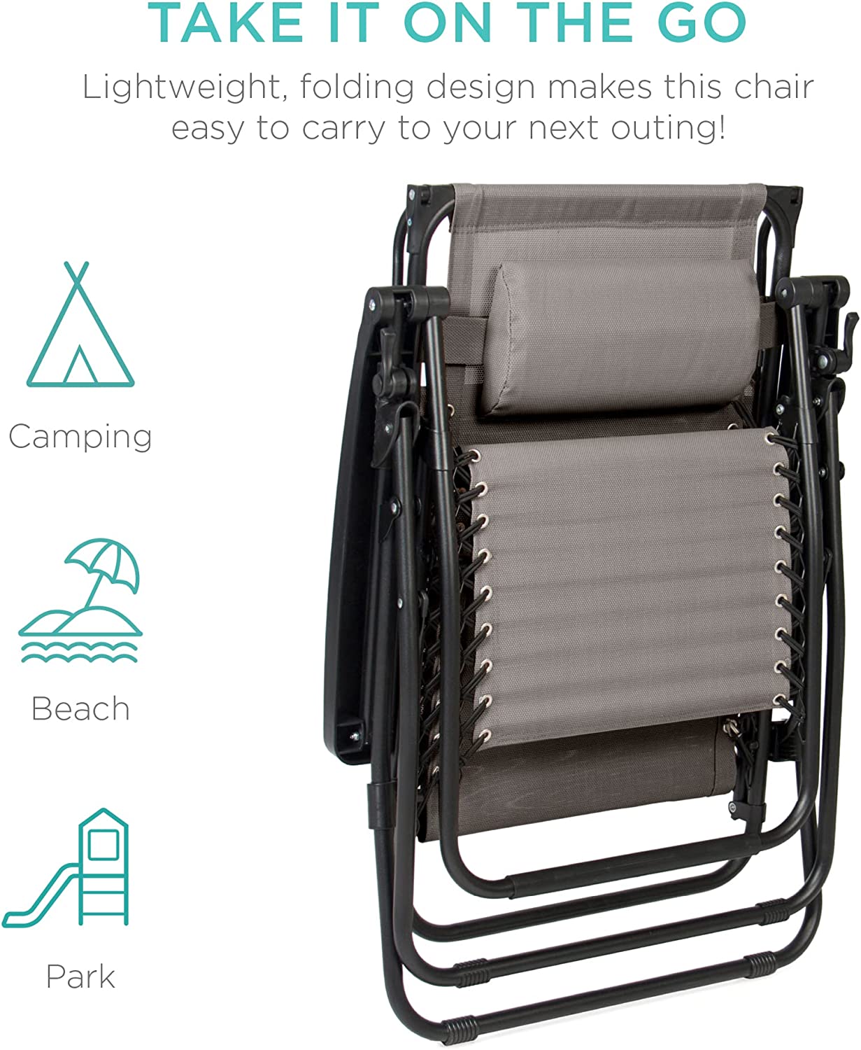 Folding Zero Gravity Outdoor Recliner Patio Lounge Chair w/Adjustable Canopy Shade, Headrest, Side Accessory Tray, Textilene Mesh - Beige