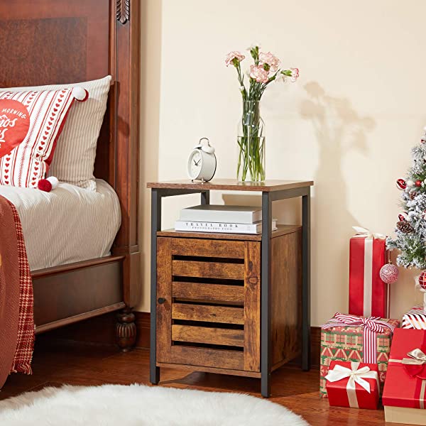 VASAGLE Nightstand, End Table with Open Shelf, Steel Frame, Bedroom, Industrial, Rustic Brown + Black