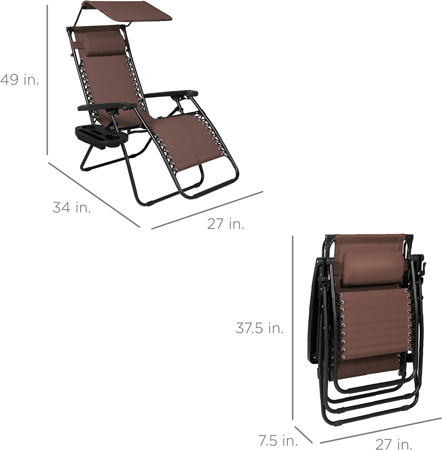 Folding Zero Gravity Outdoor Recliner Patio Lounge Chair w/Adjustable Canopy Shade, Headrest, Side Accessory Tray, Textilene Mesh - Beige