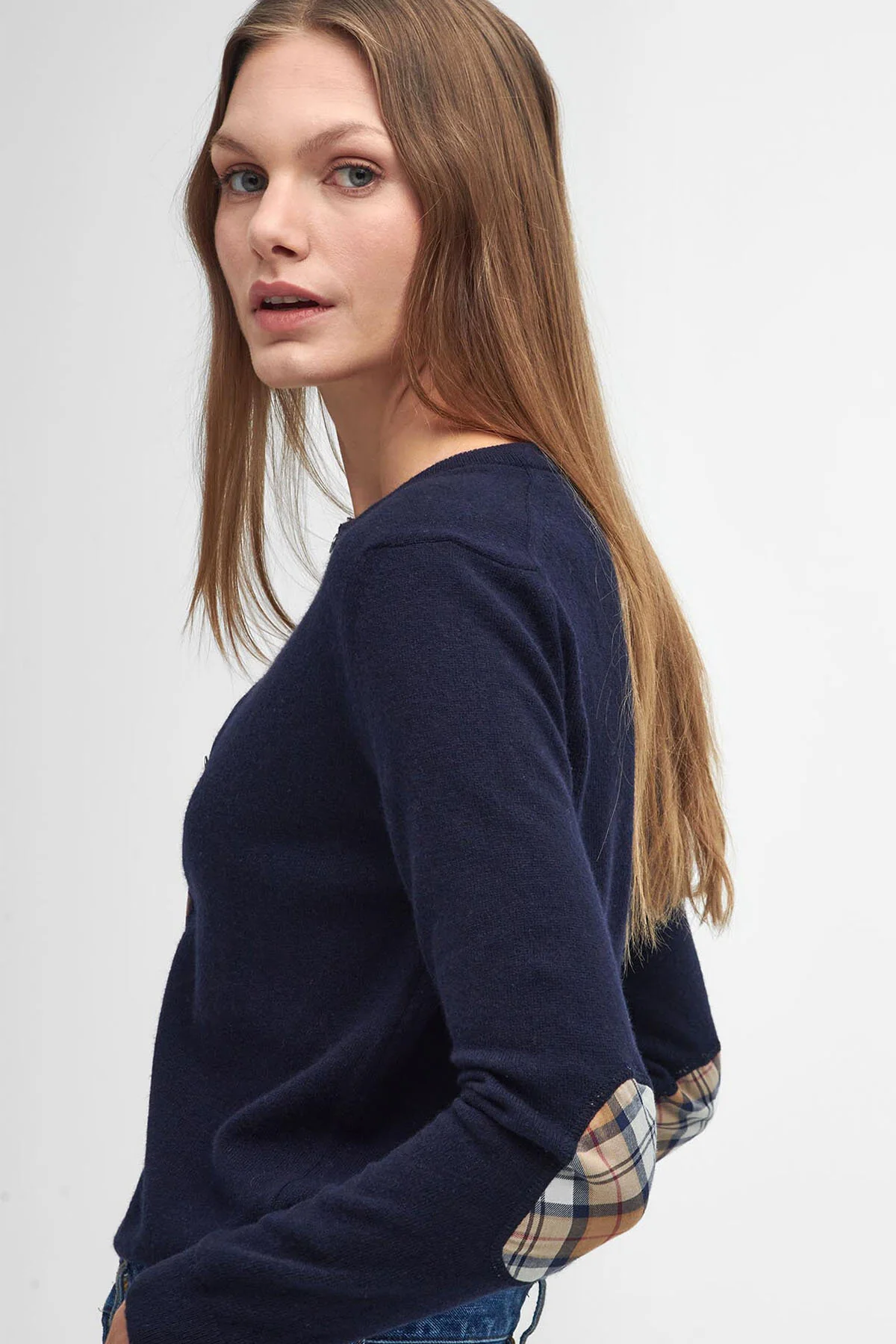 Pendle Knitted Cardigan - NAVY/HESSIAN TARTAN