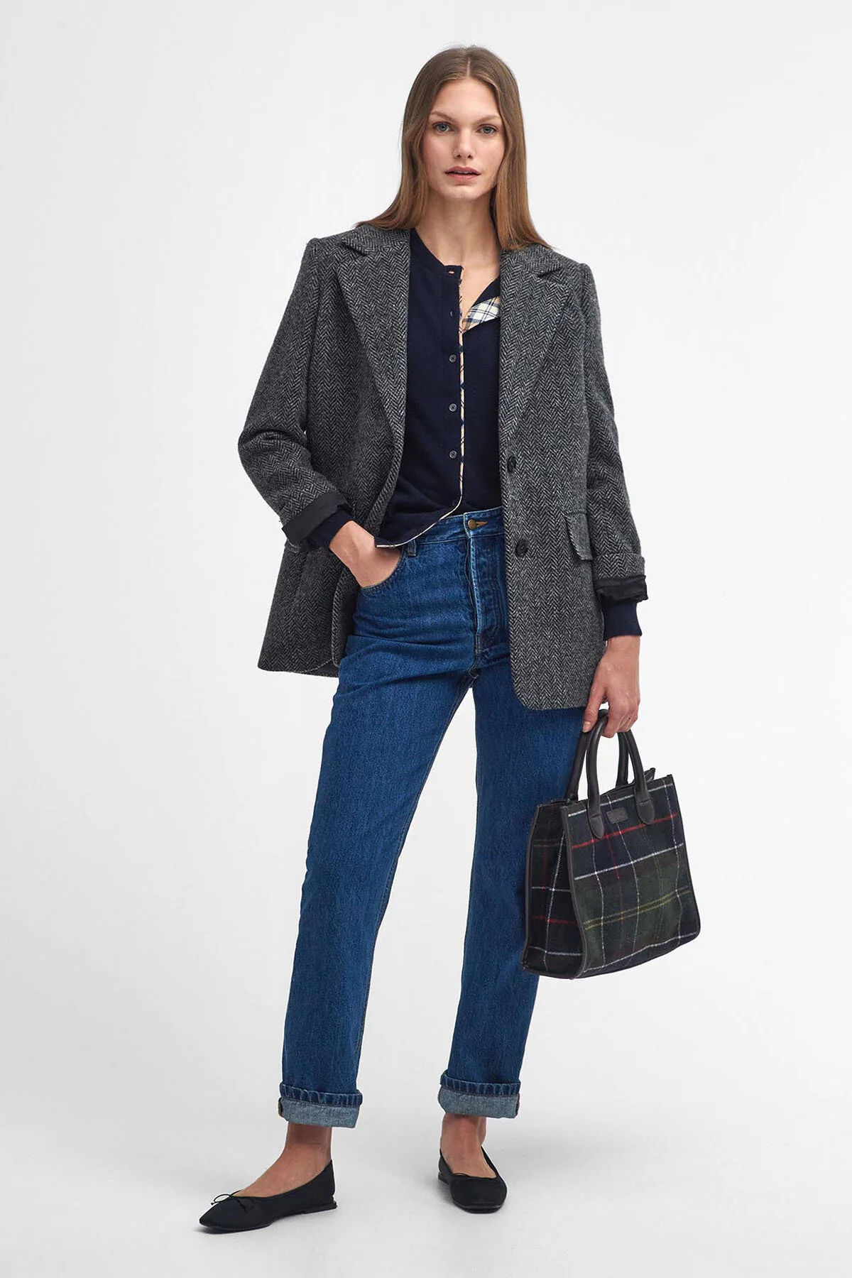 Pendle Knitted Cardigan - NAVY/HESSIAN TARTAN