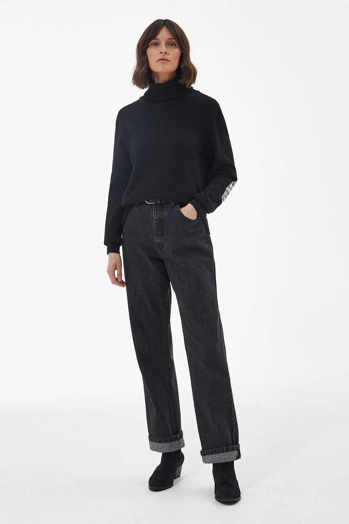 Roll Collar Sweater - BLACK HESSIAN TARTAN