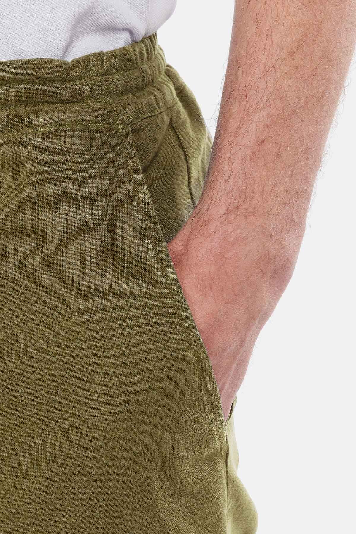 Linen Cotton Mix Shorts - MILITARY GREEN