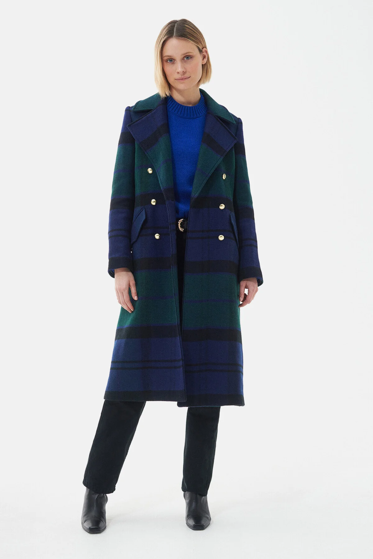 Inverraray Wool Longline Coat - BLACK/SAGE TARTAN/DK