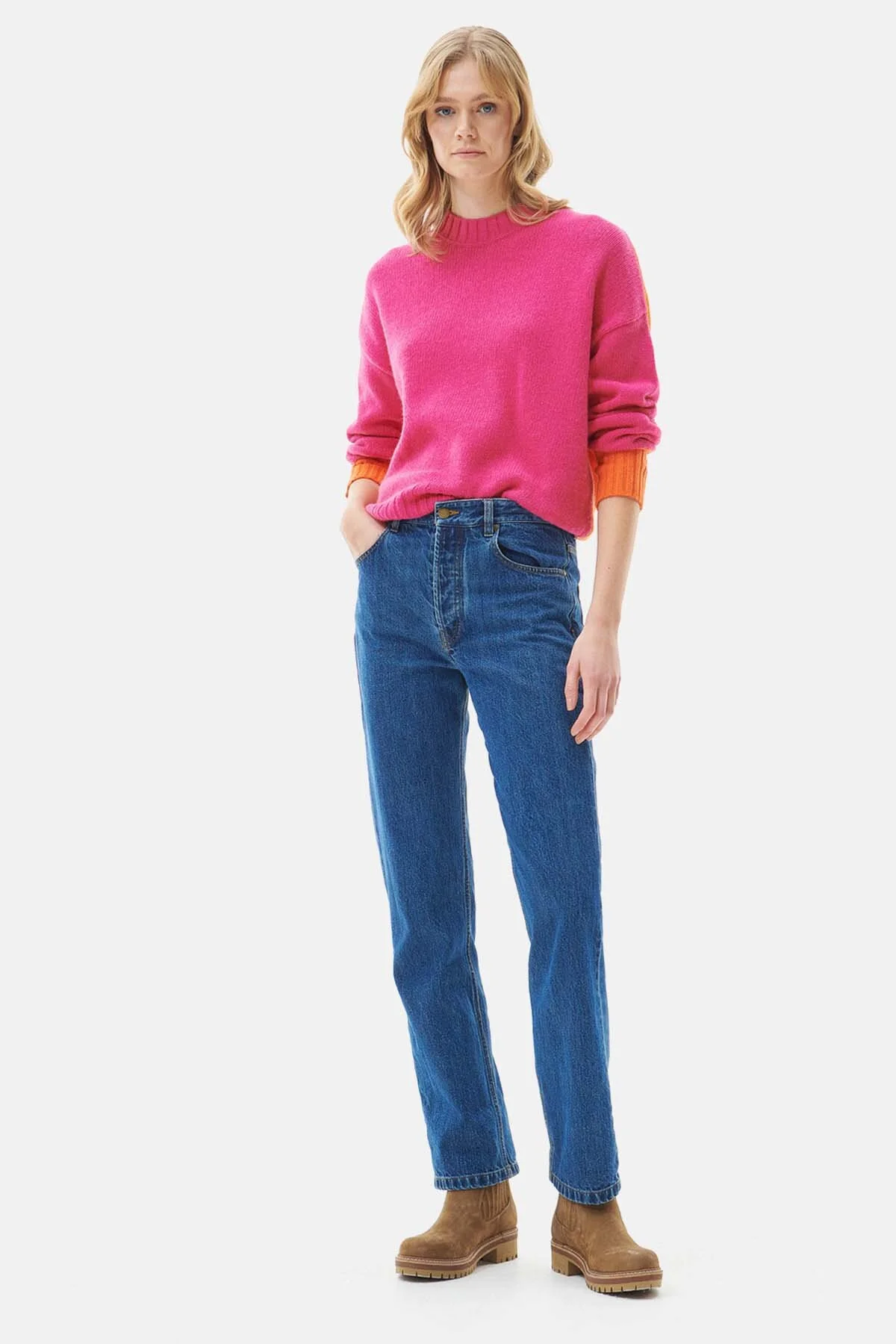 Surf Knitted Crew Neck Jumper - PINK DAHLIA/PUMPKIN