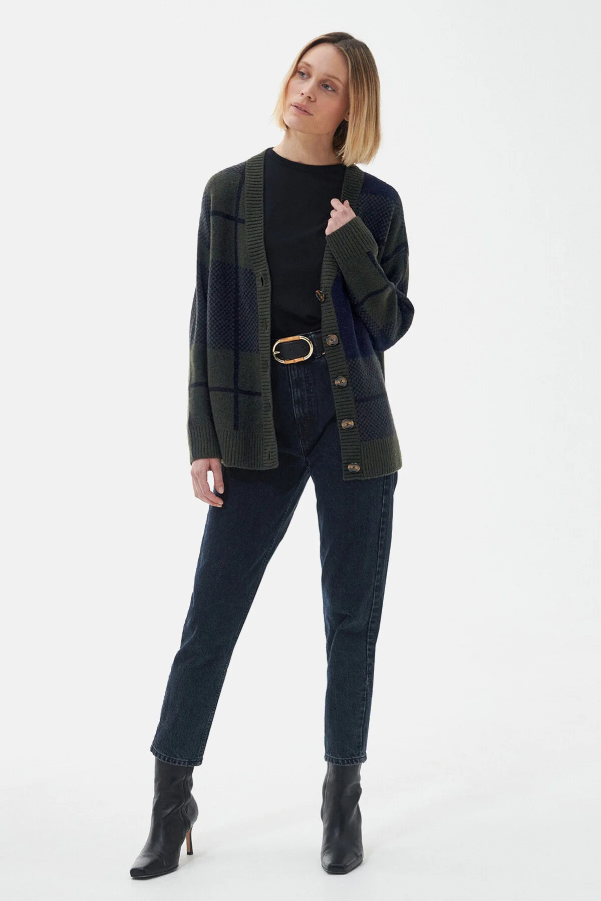 Marie Cardigan - BLACK/SAGE TARTAN