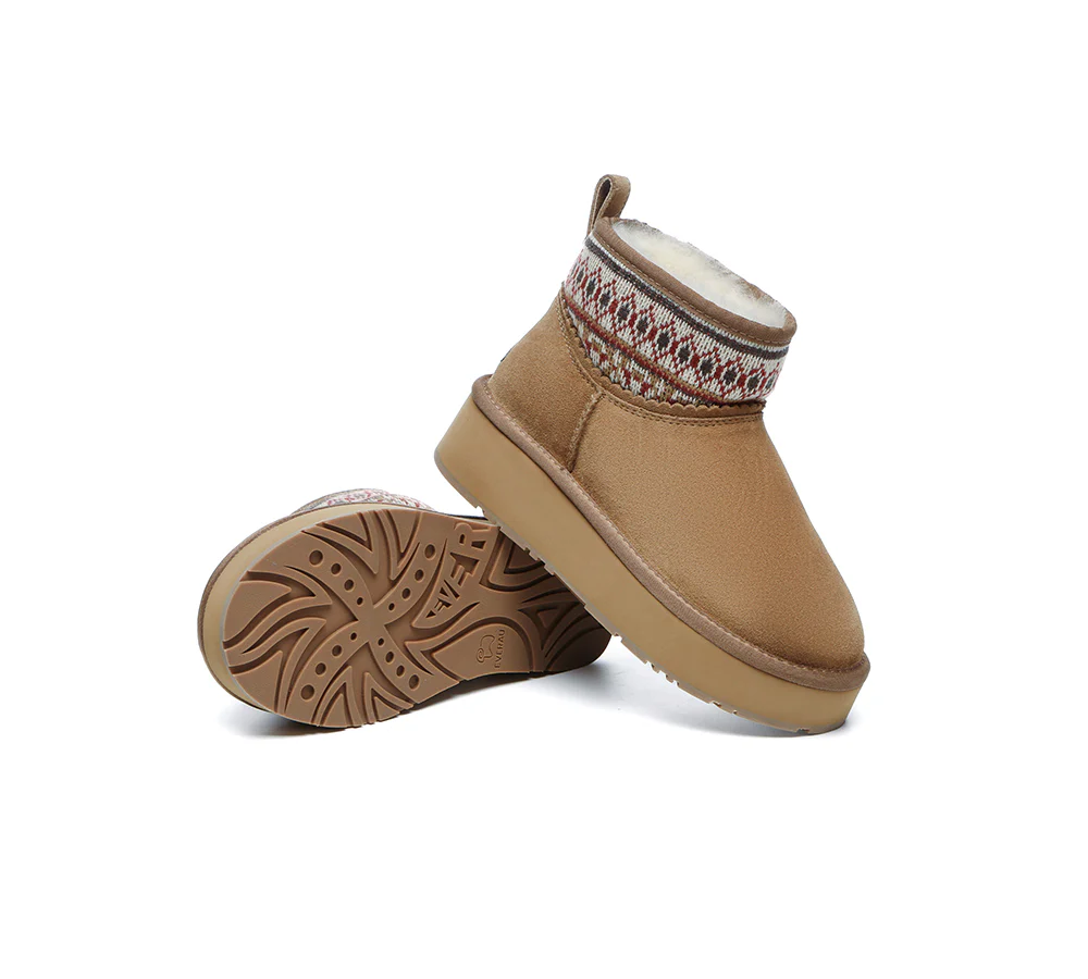 EVERAU? UGG Boots Sheepskin Wool Woven Ankle Platform Grantlee