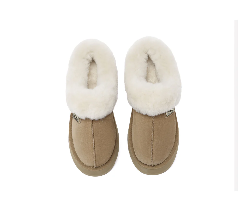 UGG EVERAU? UGG Slippers Women Sheepskin Wool Collar Ankle Platform Gabri