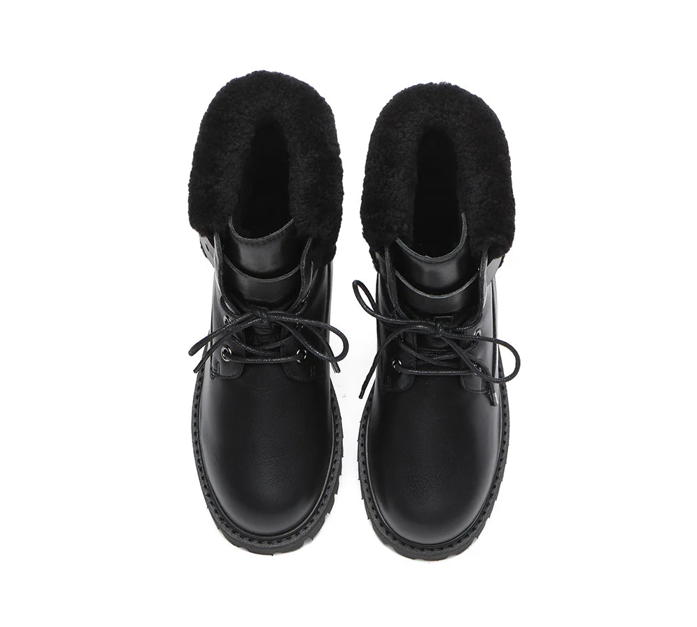 EVERAU? Women Sheepskin Wool Lace Up Fashion Boots Martin