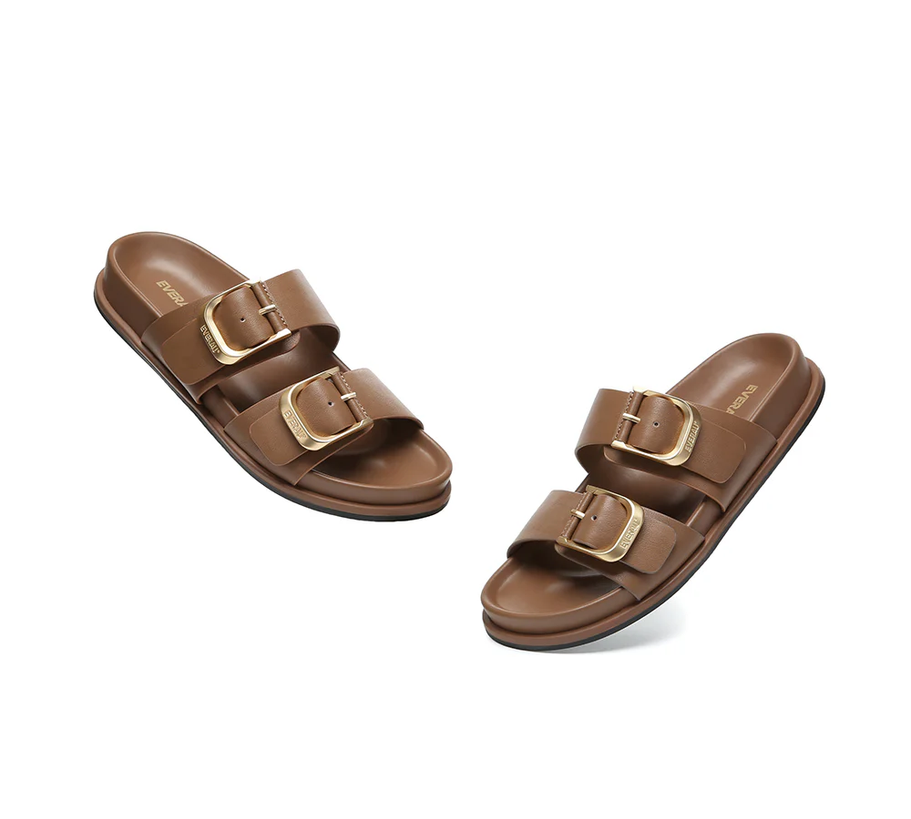 EVERAU? Women Double Adjustable Strap Buckle Flat Sandals Mounish